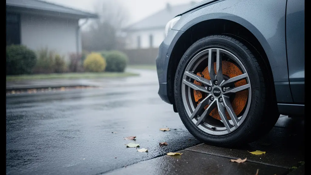 Remschijf van een auto met zichtbare oranje vliegroest na een regenachtige nacht, gezien door de spaken van een velg in ochtendlicht.