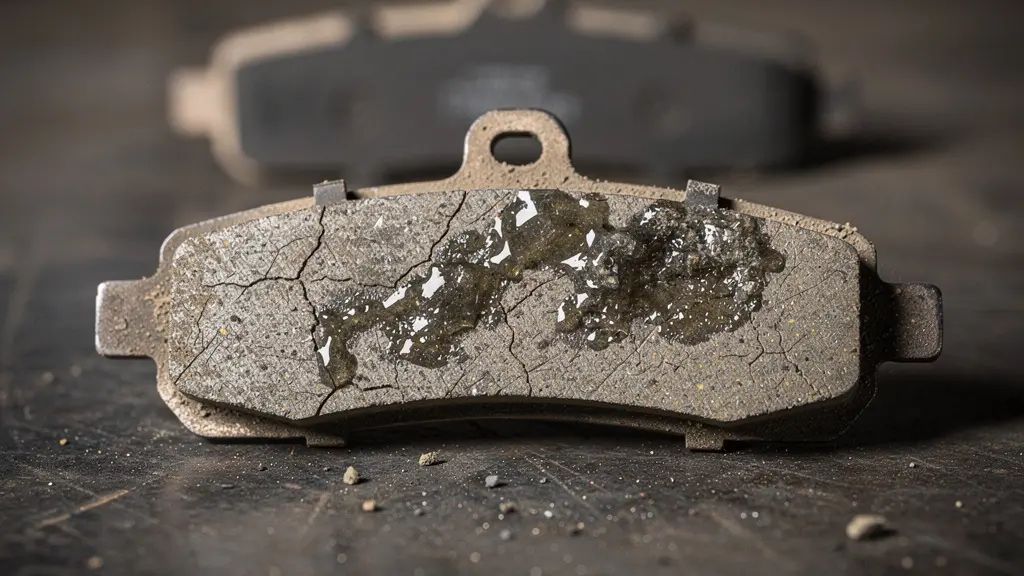 Extreme close-up van een remblok met zichtbare slijtage-indicator en dunne restvoering, macrofotografie van het frictiemateriaal