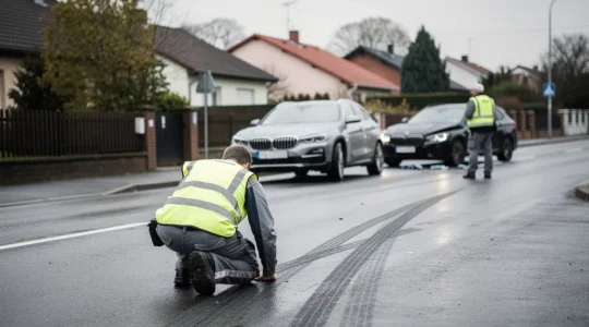 Forensische onderzoekers reconstrueren een aanrijding in een woonwijk met duidelijke remsporen op nat asfalt, gefotografeerd in een brede overzichtsshot met veel vrije ruimte.
