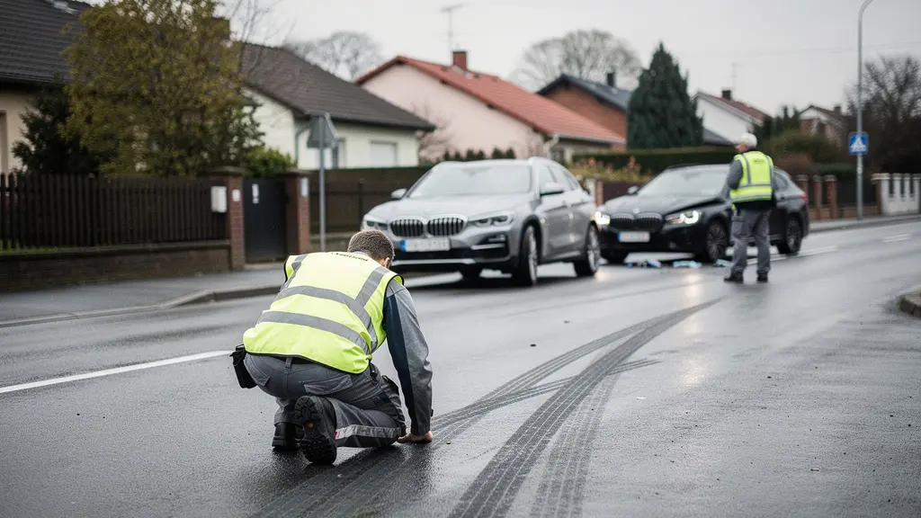 Forensische onderzoekers reconstrueren een aanrijding in een woonwijk met duidelijke remsporen op nat asfalt, gefotografeerd in een brede overzichtsshot met veel vrije ruimte.