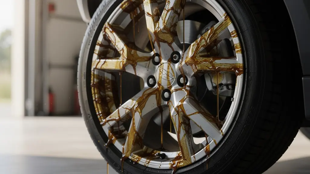 Close-up van remvloeistofvlek aan binnenkant van autovelg