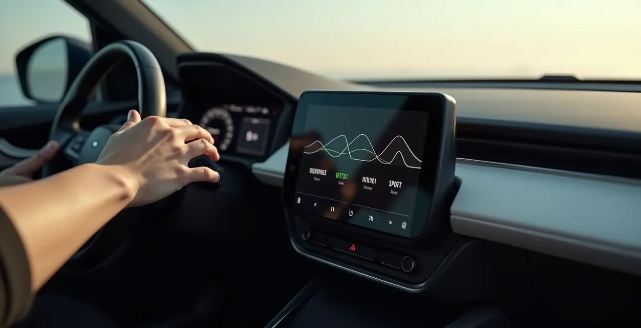 Hand selecteert rijmodus op modern autodashboard tussen Eco, Normaal en Sport
