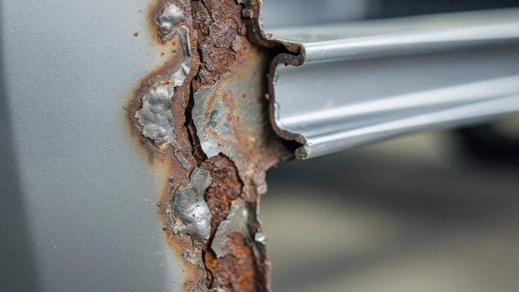 Macrofoto van roest op een dragend chassisdeel met duidelijke metaaltextuur en afbrokkelende corrosie.