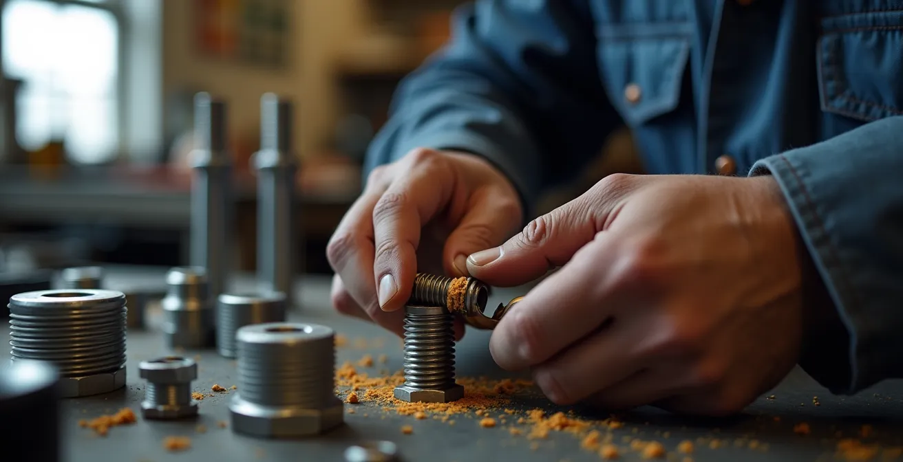 Een monteur brengt zorgvuldig anti-vreet pasta aan op de schroefdraad van een RVS bout.