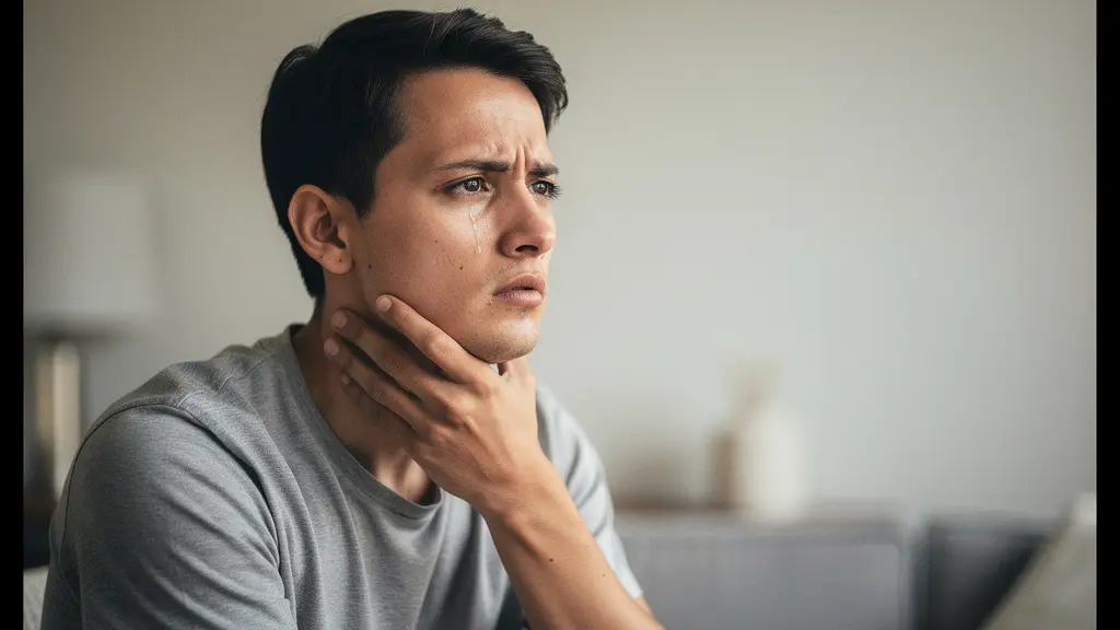 Een persoon met zichtbare stress en vermoeidheid zit thuis in zacht daglicht, hand aan de nek, met een rustige achtergrond zonder afleiding.