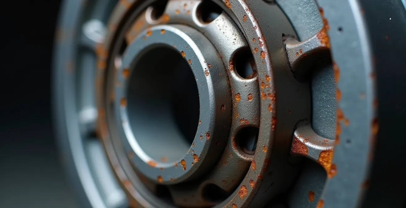 Macro-opname van een wiellager met zichtbare slijtage door spacer gebruik