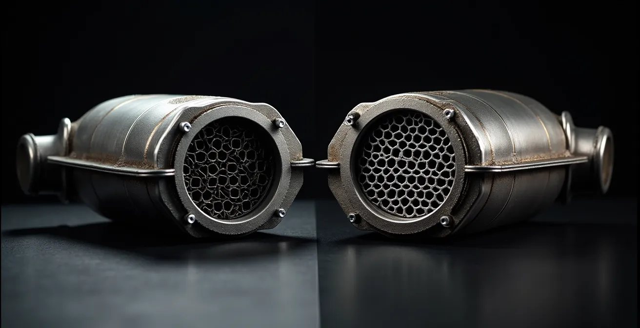 Vergelijking tussen originele en sport katalysator met zichtbare cel-structuur