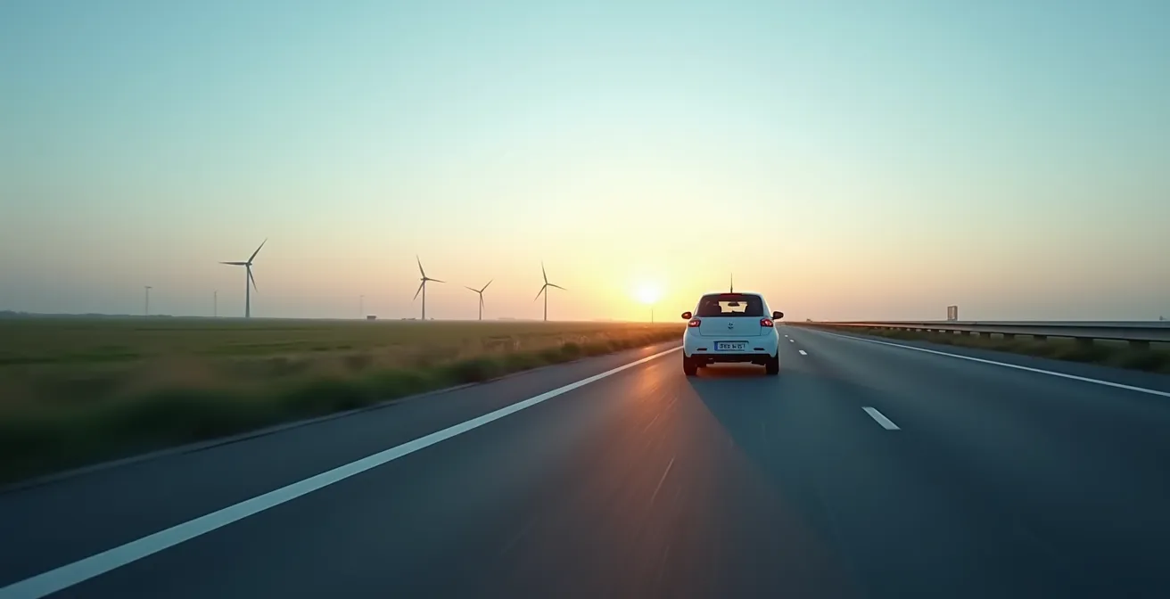 Compacte auto rijdt rustig over Nederlandse snelweg bij zonsopgang