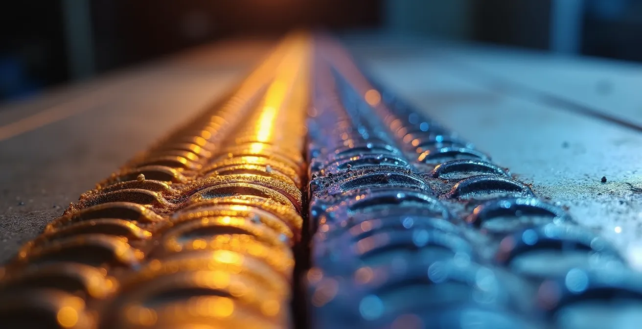 TIG lasnaad detail met muntjesstapel effect versus een ruwere lasnaad ter vergelijking