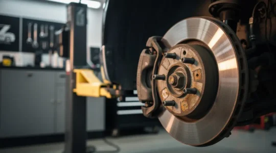 Close-up van een versleten remschijf met zichtbare slijtagepatronen en een remklauw op de achtergrond, symbolisch voor remproblematiek bij het autorijden.