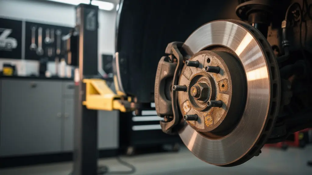 Close-up van een versleten remschijf met zichtbare slijtagepatronen en een remklauw op de achtergrond, symbolisch voor remproblematiek bij het autorijden.