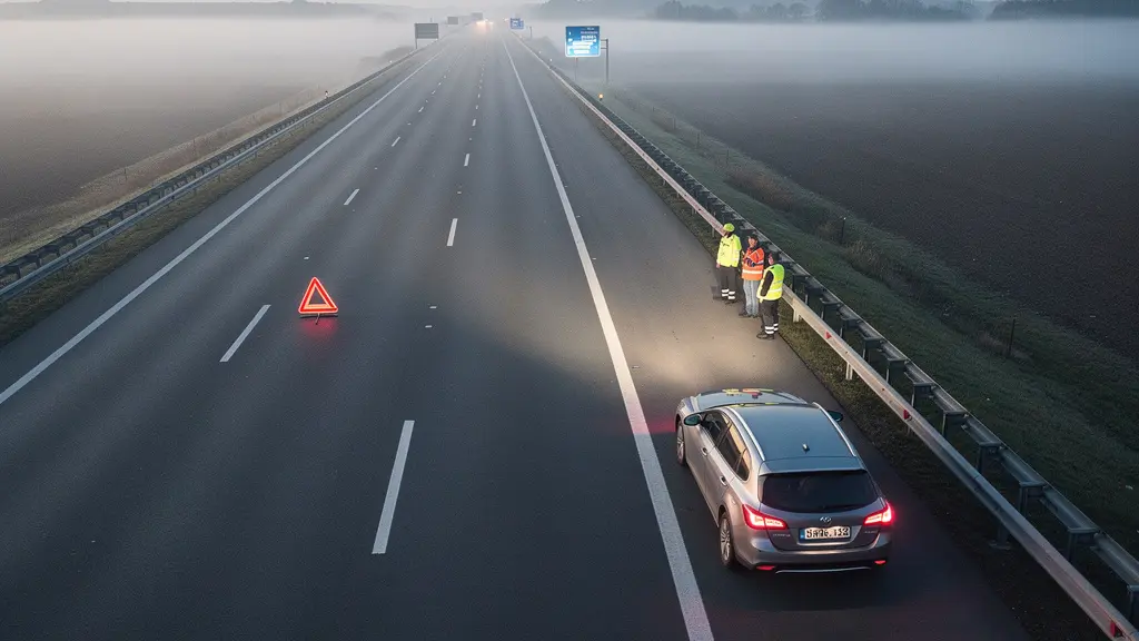 Overzicht van correct beveiligde ongevalsplaats op snelweg met waarschuwingsmiddelen