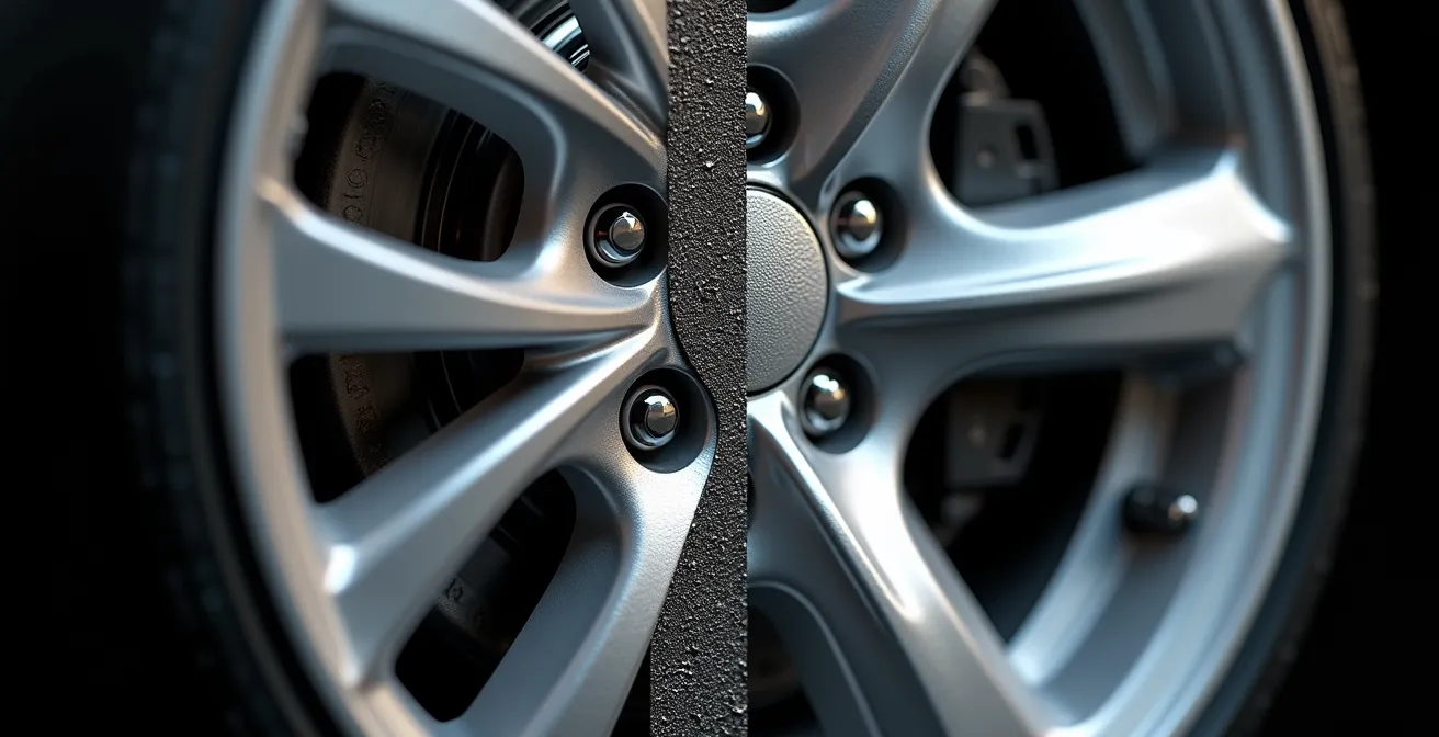 Vergelijking van de materiaalstructuur tussen een lichte, gesmede velg en een zware, gegoten imitatievelg.