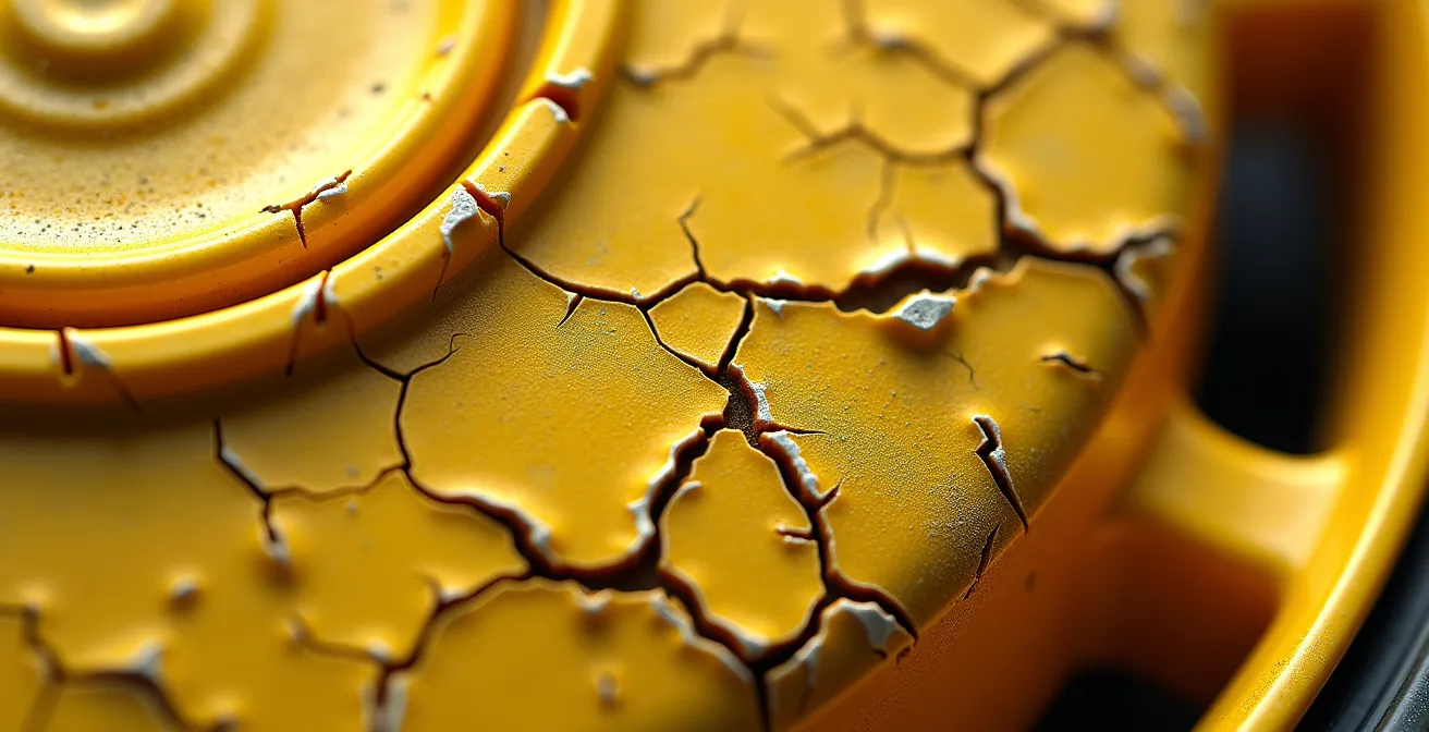 Macrodetail van vergeelde en verweerde naafdop met zichtbare craquelé en UV-degradatie