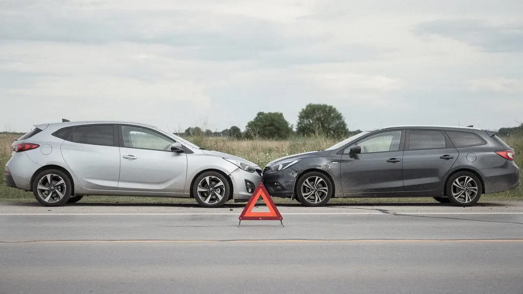 Een rustige, brede straat met twee auto’s na een aanrijding, zonder zichtbare kentekens of opschriften, met veel lege ruimte in beeld.