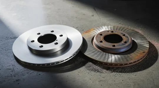 Close-up van een versleten remschijf met zichtbare slijtagegroeven en remstof op de velg, symbolisch voor herkenning van remprobleem