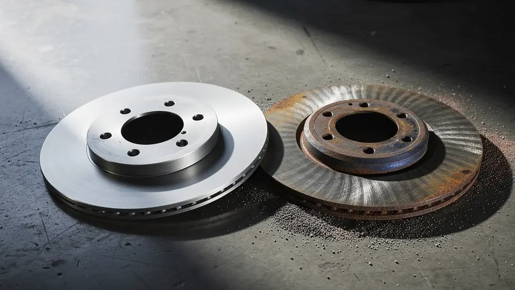 Close-up van een versleten remschijf met zichtbare slijtagegroeven en remstof op de velg, symbolisch voor herkenning van remprobleem