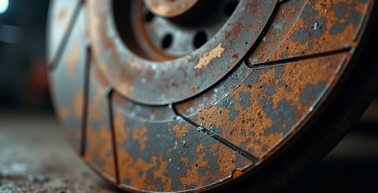 Macro opname van versleten remschijf met zichtbare groeven en roestrand