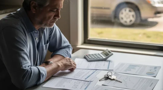 Man berekent verzekeringspremie voor oude auto op rekenmachine met autosleutel en documenten