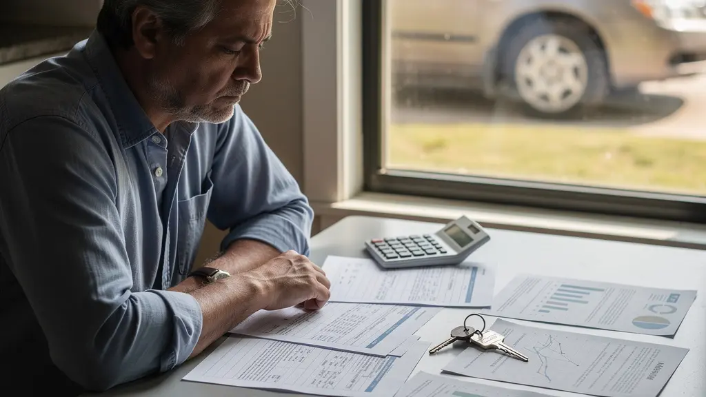 Man berekent verzekeringspremie voor oude auto op rekenmachine met autosleutel en documenten