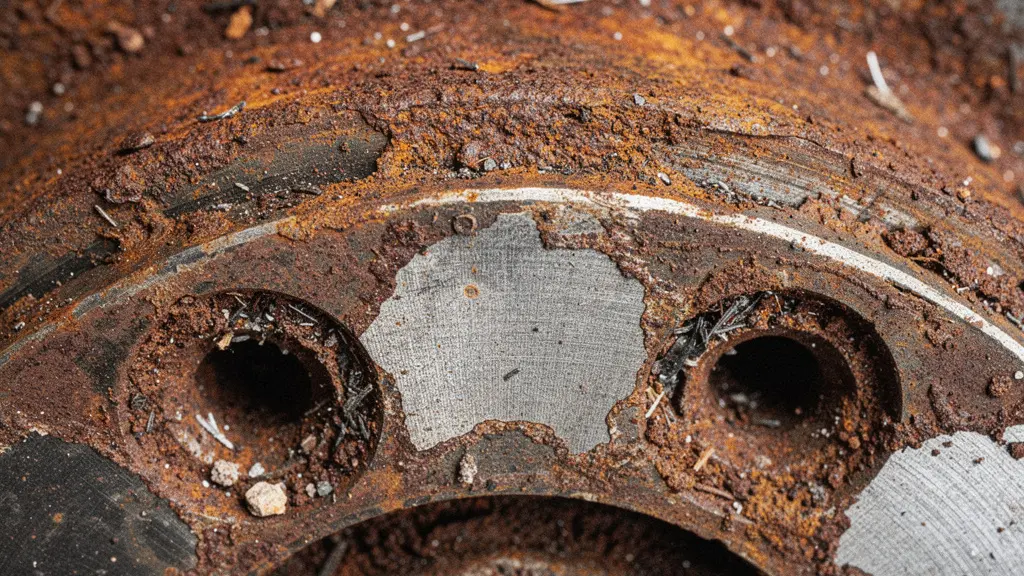 Extreme close-up van een wielnaaf met zichtbare roestdeeltjes en vuil op het montageoppervlak, wat de oorzaak is van remschijf-slingering.