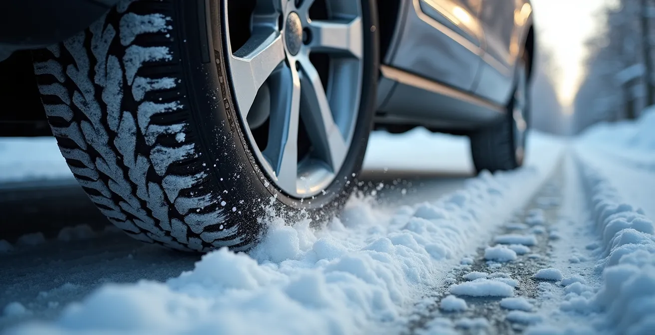 Close-up van autowiel op besneeuwd wegdek met sneeuw die opstuift